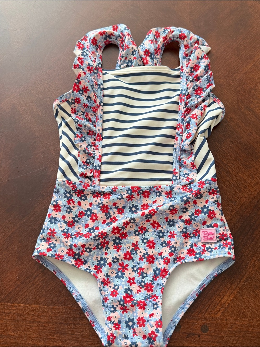 Ruffle Butts Red & Blue Floral Stripe One-Piece Swimsuit